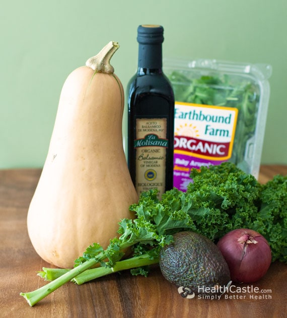 Ingredients needed for roasted squash kale warm salad